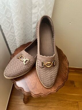 Skechers Taupe Knit Slip-On Loafers with Gold Accent